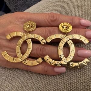 Limited Edition Chanel CC Logo Large Gold Plated Dropped Earrings